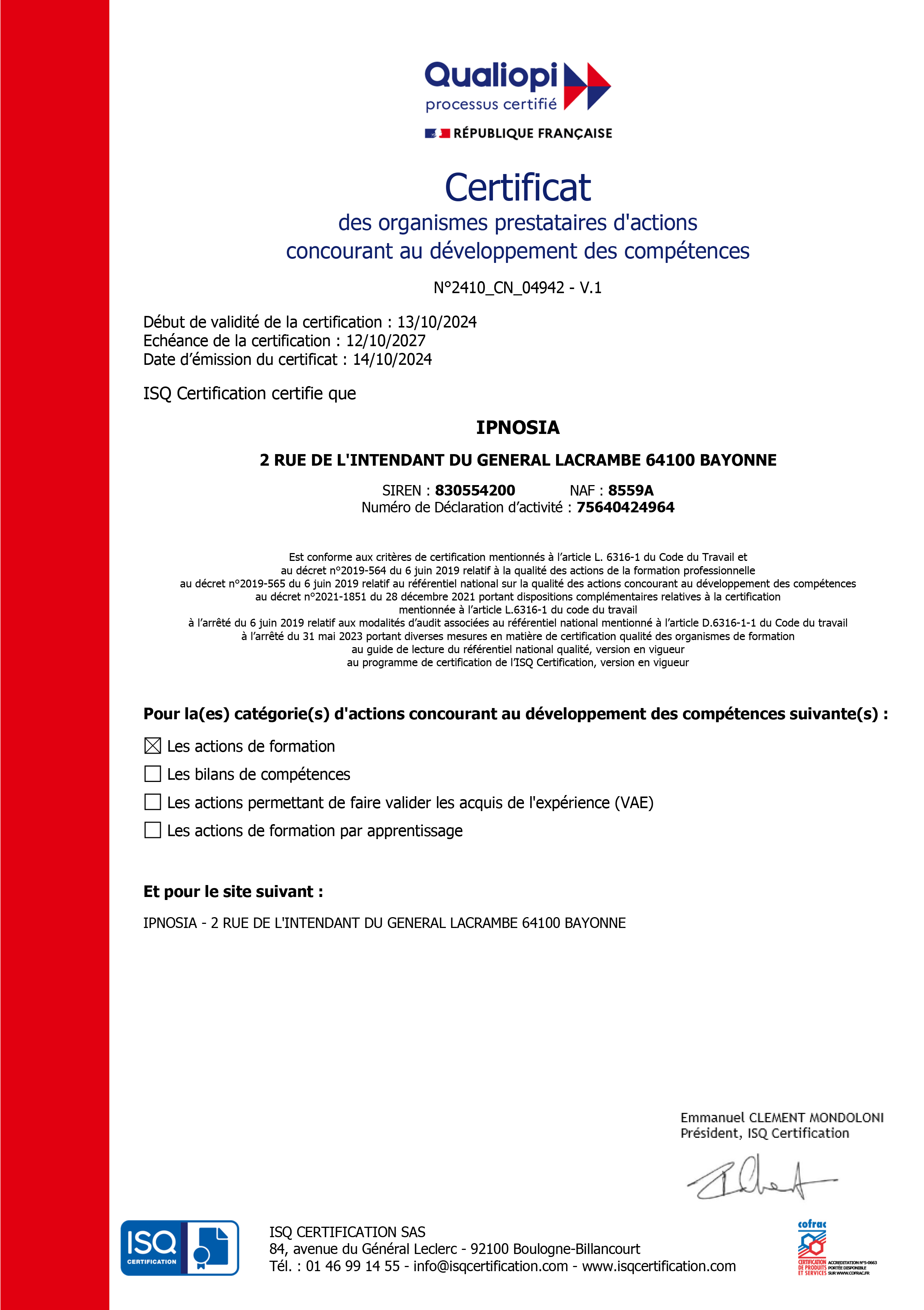 Certificat Qualiopi Ipnosia